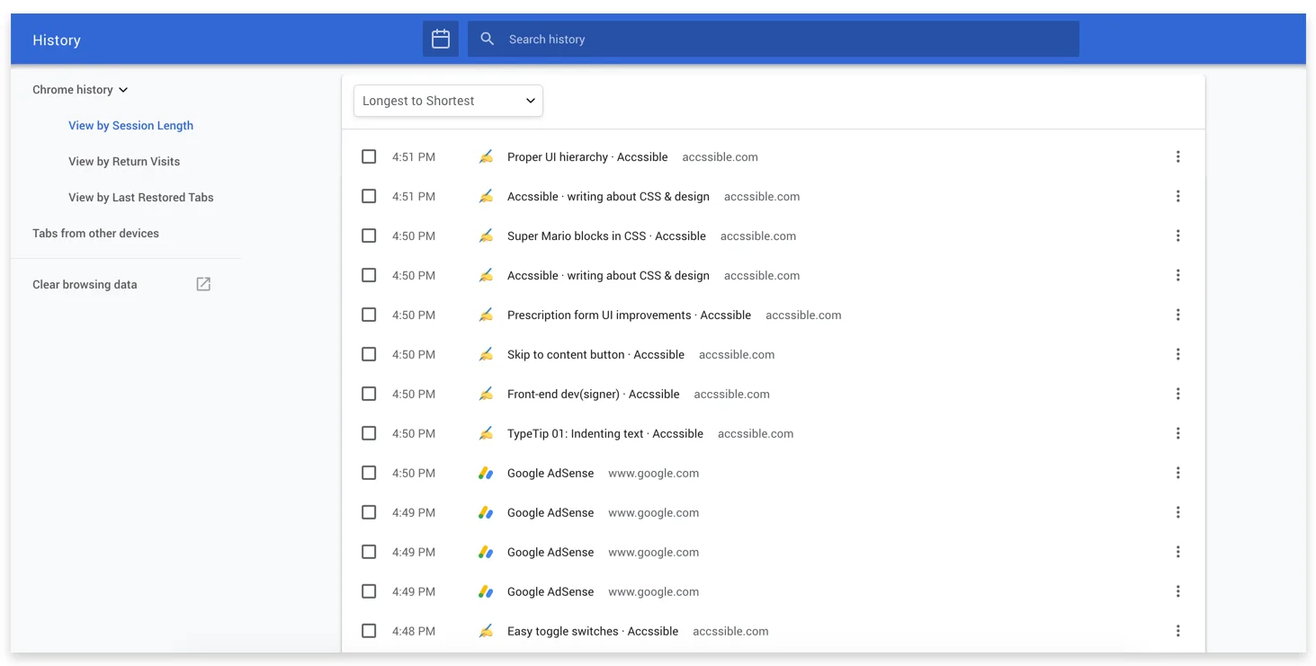 Chrome History by session length