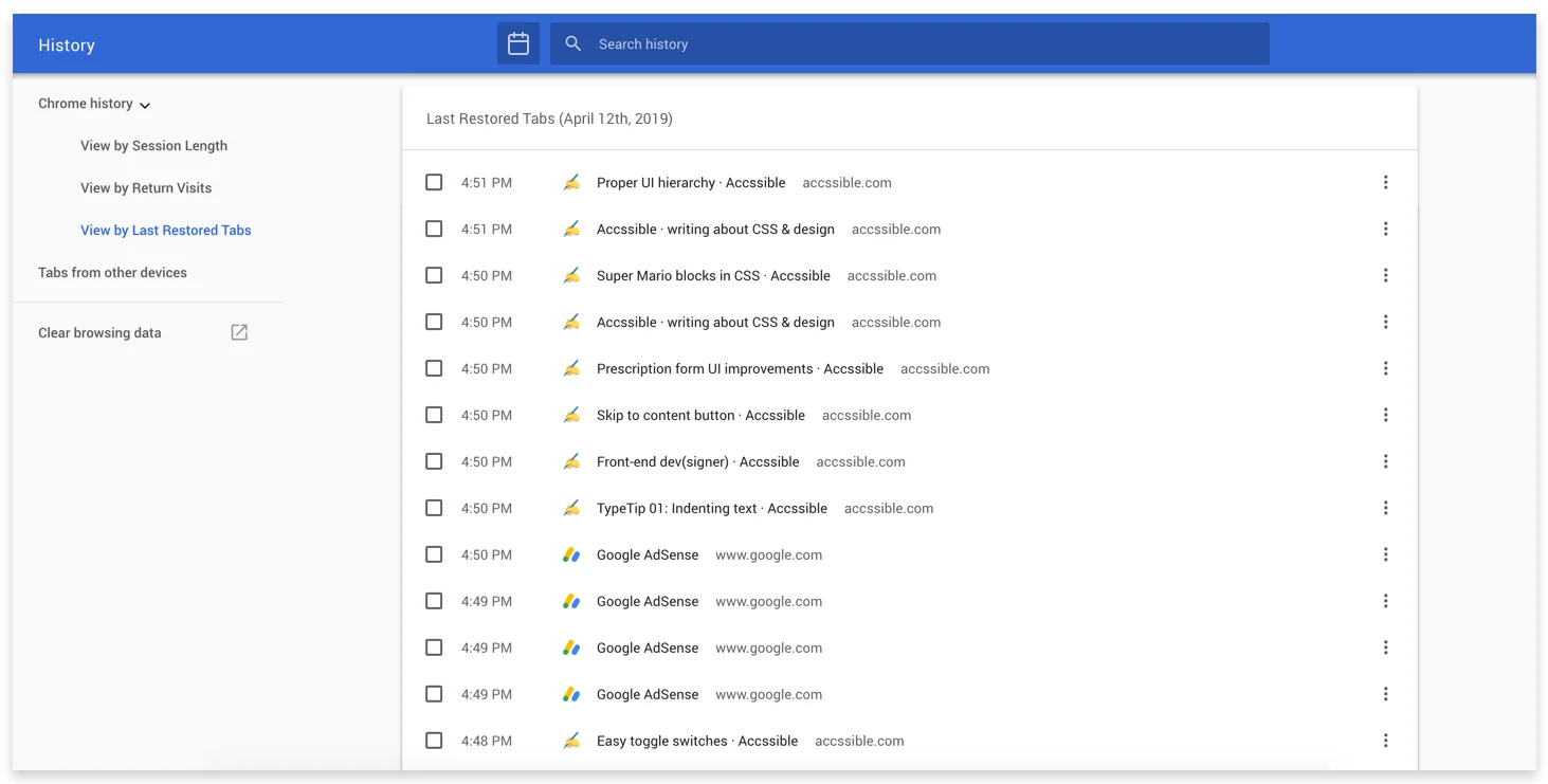 Chrome History by restored tabs