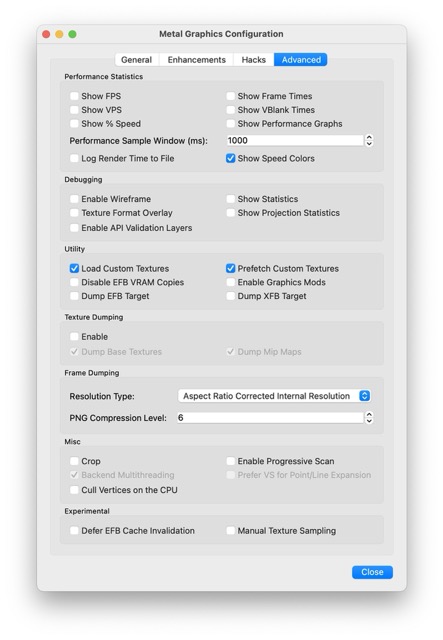The graphics settings for the Dolphin emulator
